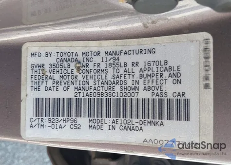 1995 Toyota Corolla Le/Dx из США, поврежденный, VIN 2T1AE09B3SC102007